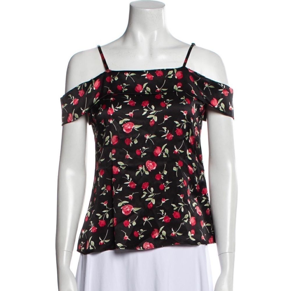 Reformation off the shoulder blouse black with rose pattern size XS EUC